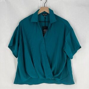 Modern Works Teal Lightweight Crossover Front‎ Faux Wrap Short Sleeve Blouse M